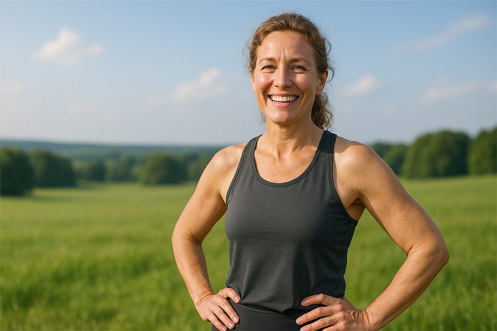 Happy smiling woman after doing the 8 week longevity personal training program at nxt lvl personal training amstelveen